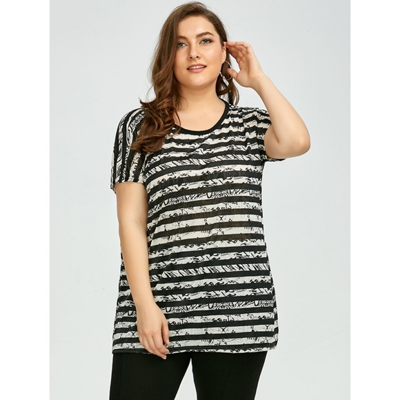♠ Plus Size Scribble Striped Long Tee - Black ♠ - Picture 2 of 8